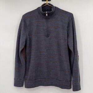 Raffi Men’s 100% Merino Wool 1/4 Zip Sweater Brown Blue Elbow Patches Size M